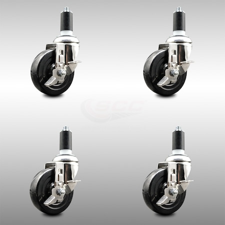 Service Caster 4 Inch 316SS Hard Rubber Swivel 1-3/8 Inch Expanding Stem Caster Set Brake SCC SCC-SS316EX20S414-HRS-TLB-138-4
